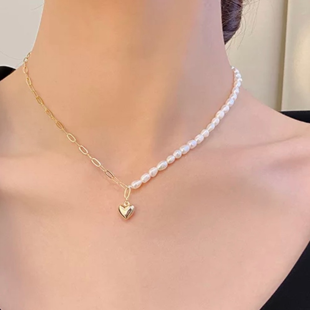 NEW 18K Gold Plated Real Baroque Pearl Chain Link Heart Pendant Choker Necklace - Picture 3 of 11